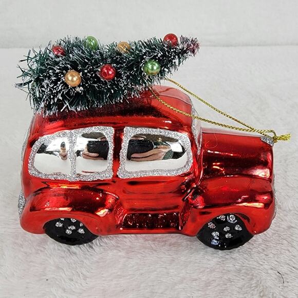 Blown Glass Ornament Red Car with Bottlebrush Christmas Tree On Top EUC - Picture 3 of 5